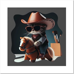 A cat wearing sunglasses and a cowboy hat riding a toy horse Posters and Art